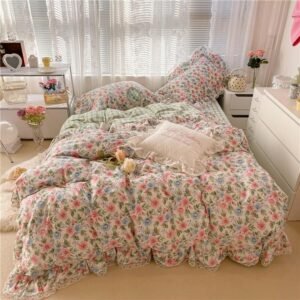 100%Cotton Single Queen Double size Bedding Sets for Girls Vibrant Flowers Down Comforter Cover Zipper Bed Sheet Pillow shams 1
