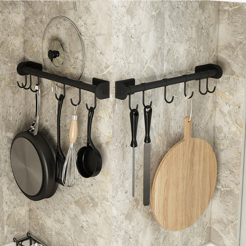 Stainless Steel Adhesive Bar Hanger Kitchen Utensils Movable Hooks Rack Pan Pot Rod Storage Organizer Wall Cookware Spoon Holder 1