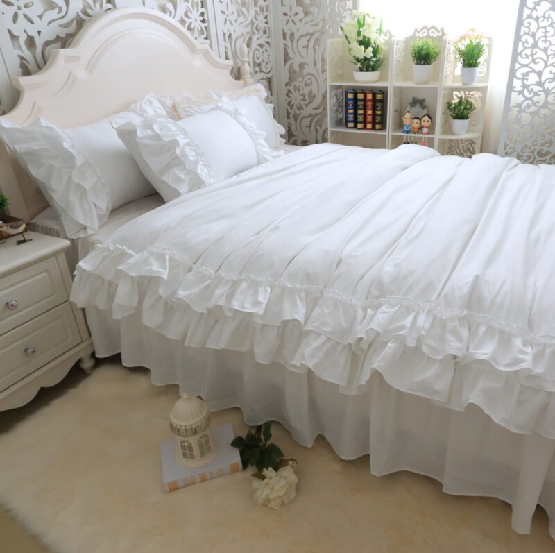 Shabby Solid color Duvet Cover Bedskirt Pillow shams 4Pcs 100%Cotton Twin Queen King size Girls Ruffled White Bedding set 3