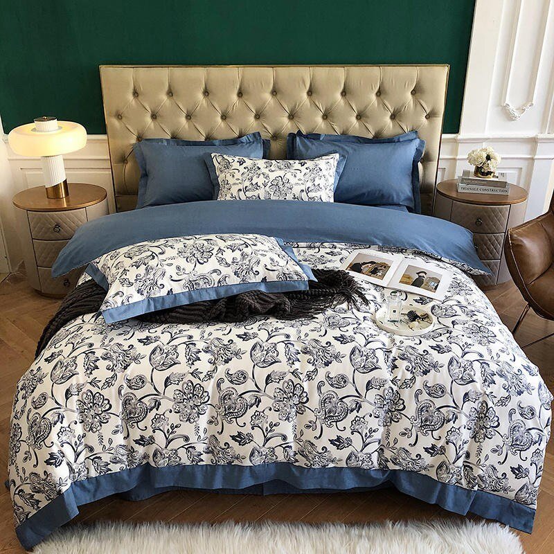 White Blue Botanical Floral Ornamental Drawing 500TC 100%Cotton Ultra Soft 4Pcs Bedding set Duvet cover Bed Sheet 2 Pillowcases 1