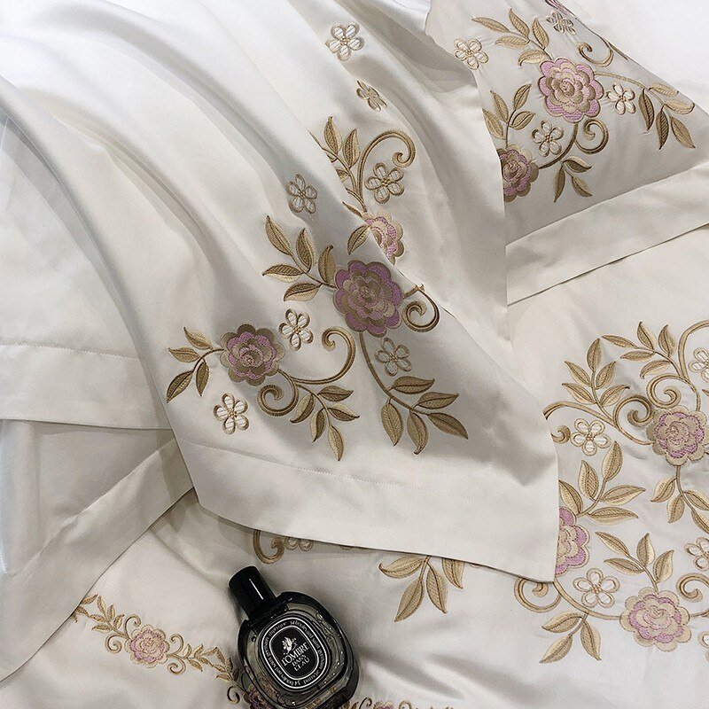 100%Cotton embroidery Duvet Cover Set Double Queen King 4Pcs Floral White Elegant French Garden Girls Cottage 4PCS Zip Bedding 5