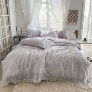 Romantic Elegant Purple Bedding Sets Lovely Lace Exquisite Craft Bamboo Lyocell Cooling Soft Duvet Cover Bed Sheet Pillowcases 1