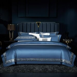 Blue Chic Luxury Embroidery Duvet Cover Long Staple Cotton Sateen Weave Silky Soft Premium 4Pcs Bedding set Bed sheet Pillowcase 1