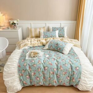 Farmhouse Country 4Pcs Pleated Duvet Cover Set Multicolor Roses 100%Cotton Shabby Chic Floral Bedding set 1Bed Sheet 2Pillowcase 1