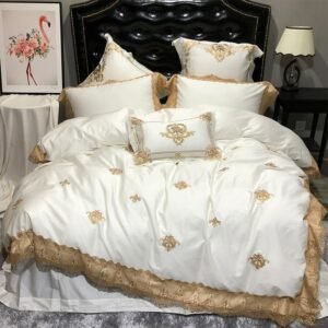 Golden Embroidery Luxury Royal Lace Bedding Egypian cotton Soft White US Queen King Extra King bed sheet Duvet cover set Pillow 1