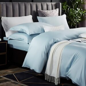 Egyptian Cotton Baby Blue Reversible Solid Double Queen King Bedding Set Simple Duvet Cover Zipper Extra Soft Silky Bed Sheet 1