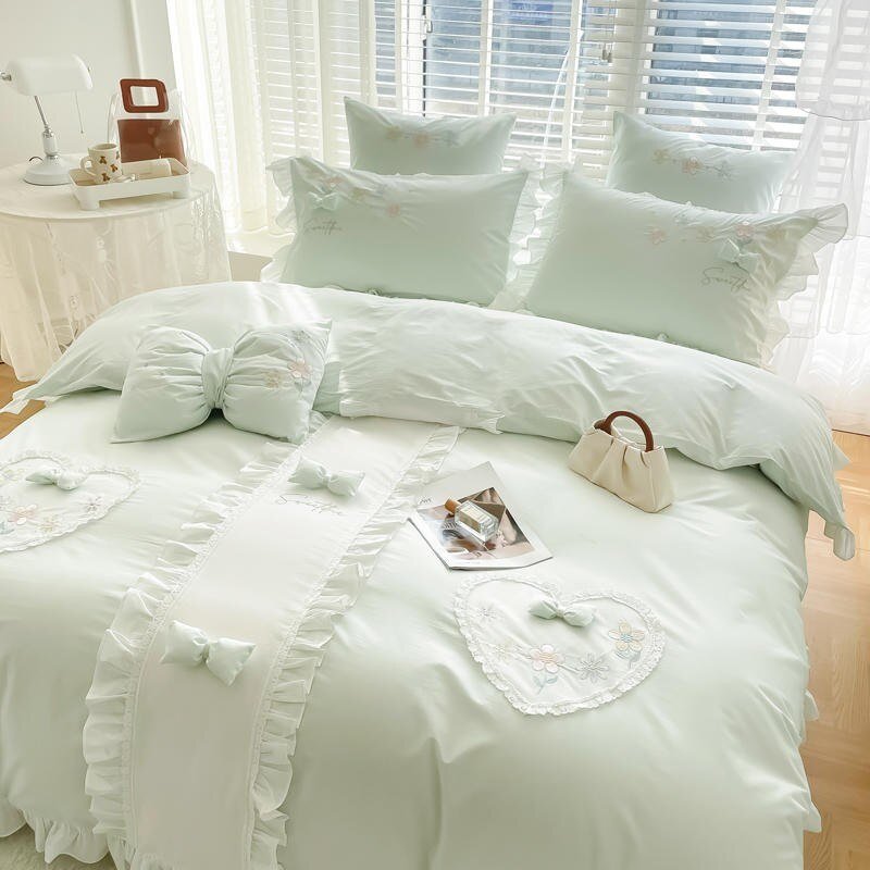 100%Cotton Girls Lovely Elegant Bedding Set Ruffle Exquisite Craft Duvet Cover Set Bed Sheet Pillowcases Princess 4Pcs Bed set 2