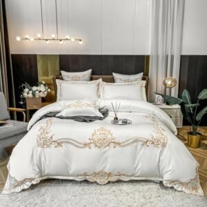 Duvet Cover White Gray Long Staple Cotton Embroidery Luxury Bedding Full Queen Size 4Pcs Comforter Cover Bed Sheet 2Pillow shams 1