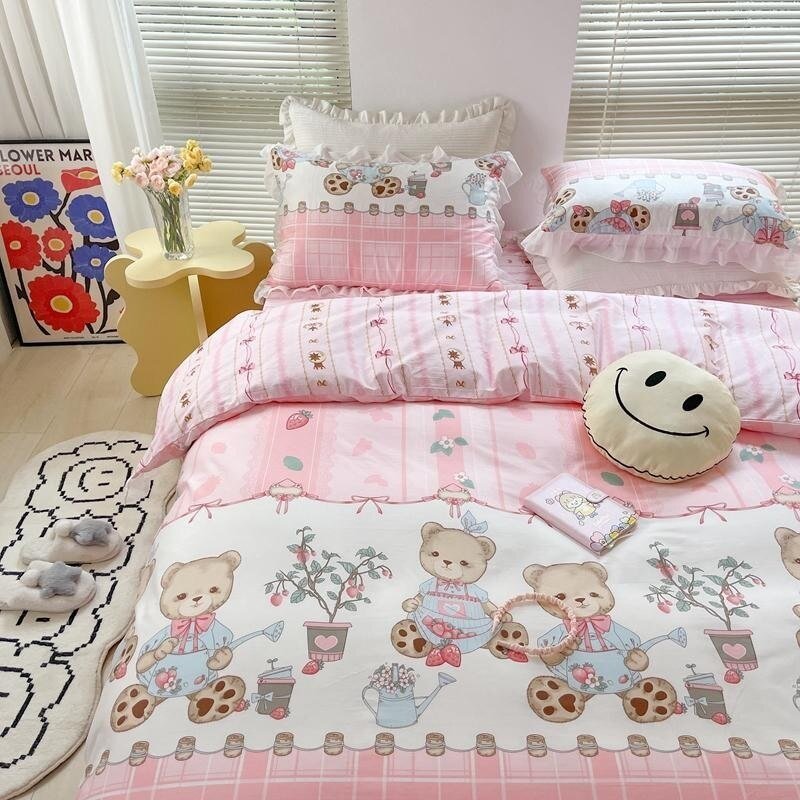 100%Cotton Kawaii Cute Toy Bears Bedding se1Duvet Cover with Zipper 1Bed Sheet 2Pillowcases Queen Double size for Boys Girls 3