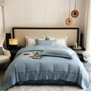600TC Cotton Embroidery Stripe Blue Gray Soft Duvet Cover Bed sheet Pillow Shams Twin Double Queen King Family size Bedding set 1