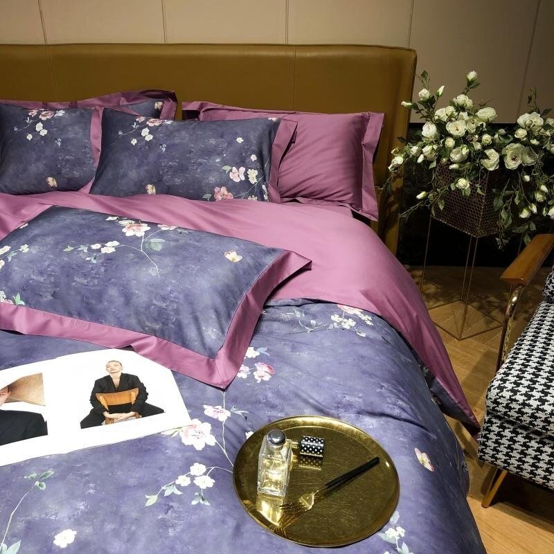 Spring Bloom Floral Bedding Set 1000TC Long Staple Cotton Silky Soft Full/Queen 4Pcs Duvet Cover Set  Bed Sheet Pillow shams 6