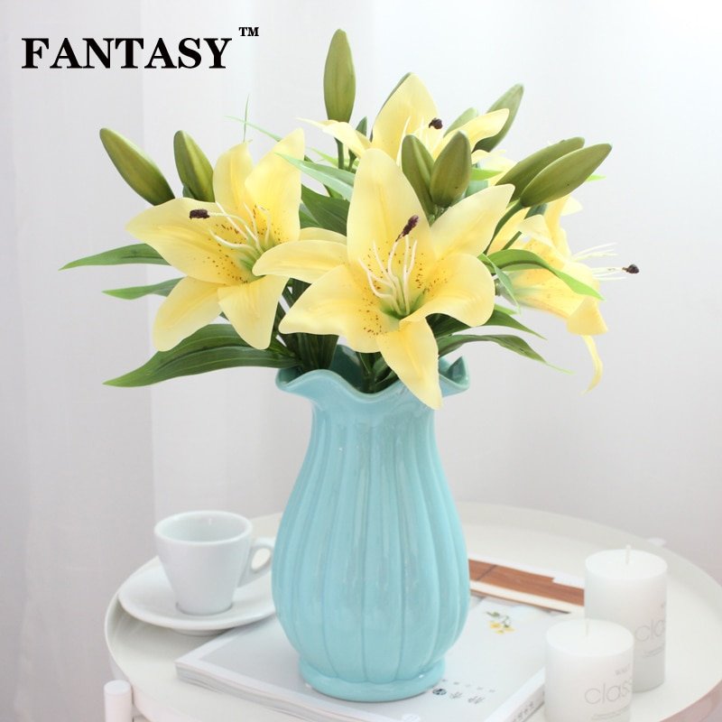 Yellow Lilies Artificial Flowers Real Touch White Flower Decoration Wedding Fake Lily Branch 4 Heads Red Marriage Wreath 1