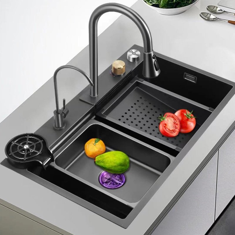 Raindance 304 Stainless Steel Kitchen Sink Nano Waterfall Faucet Topmount Large Single Wash Basin Bowl Drain Accessories Drain  1