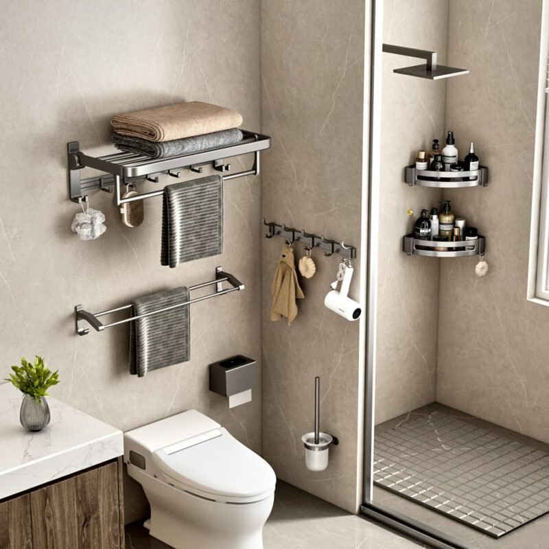 Towel Holder Storage Organizer Shelf Wall Mounted Aluminum Alloy Towel Rack Bathroom Accessories 6