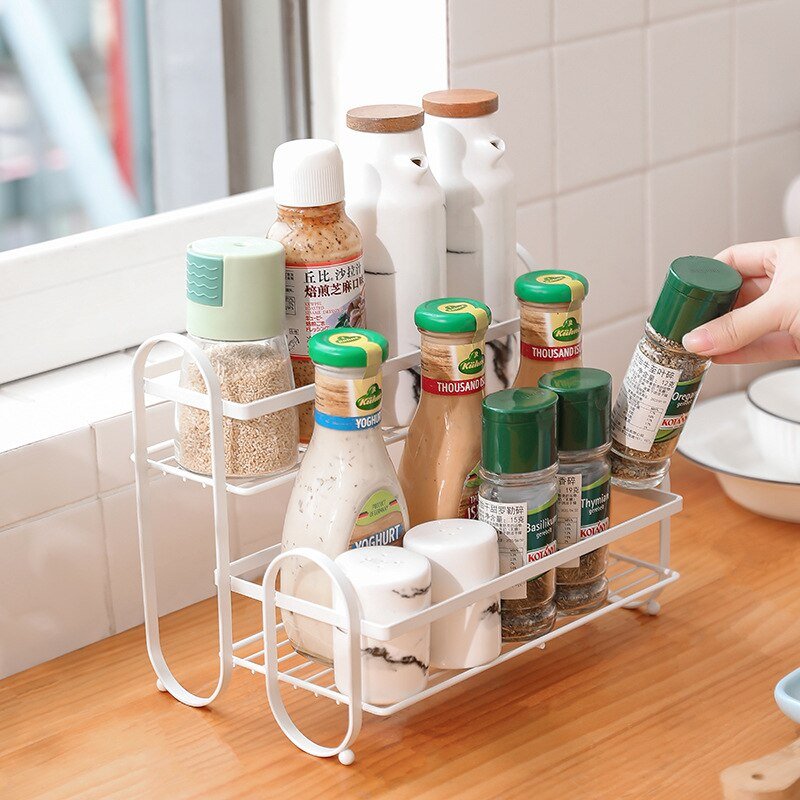 2-layer Kitchen Iron Spice Rack Seasoning Bottle Counter Cabinet Storage Organizer Sauce Jar Holder Metal Steel Shelf 1