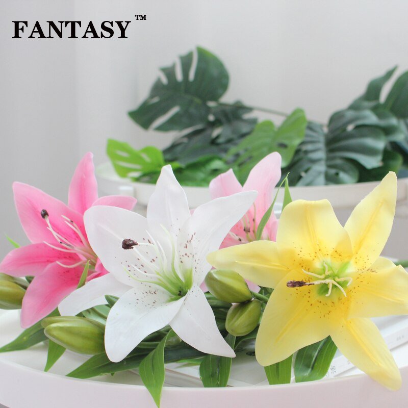 Yellow Lilies Artificial Flowers Real Touch White Flower Decoration Wedding Fake Lily Branch 4 Heads Red Marriage Wreath 3