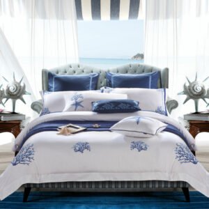 Blue Embroidery White Duvet Cover set Premium Egyptian Cotton Silky Soft Bedding Set Deep Pocket Fitted sheet Super/USKing Queen 1
