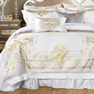 White Egyptian Cotton Bedding set US King Queen size Chic Golden Embroidery Bedding sets Super Soft Bed sheet set Duvet cover 1