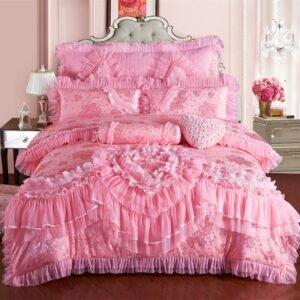 Pink Lace Princess Wedding Luxury Bedding Set King Queen Size Silk Cotton Stain Bed set  Duvet Cover Bedspread Pillowcase 1