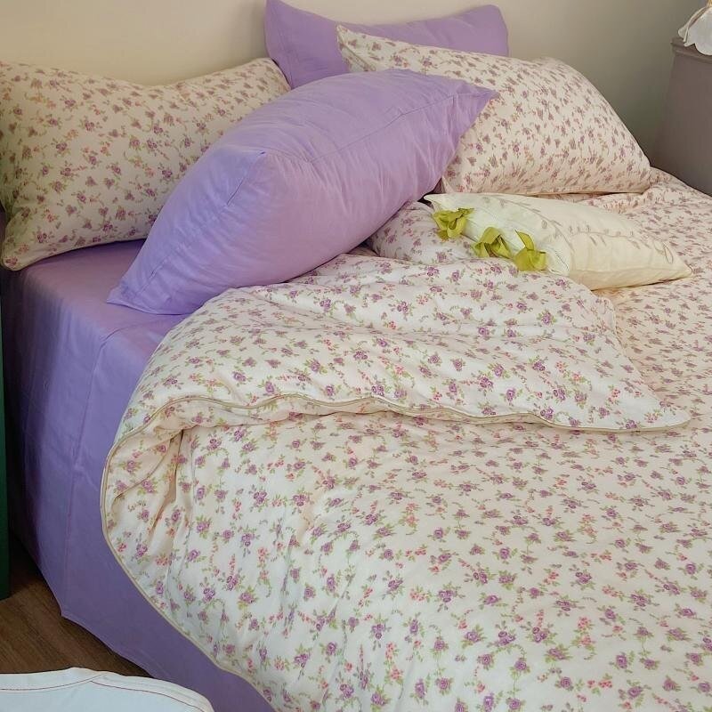Purple Lovely Floral Girls Bedding Set 100%Cotton Yarn Skin touch Ultra Soft Breathable Women Duvet Cover Bed Sheet Pillowcases 4