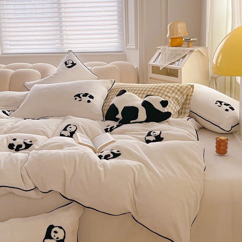 Soft Velvet Duvet Cover Twin Queen Size  Fluffy Flannel Fleece Black Panda Embroidery Comforter Cover Bed Sheet Pillow Shams 6