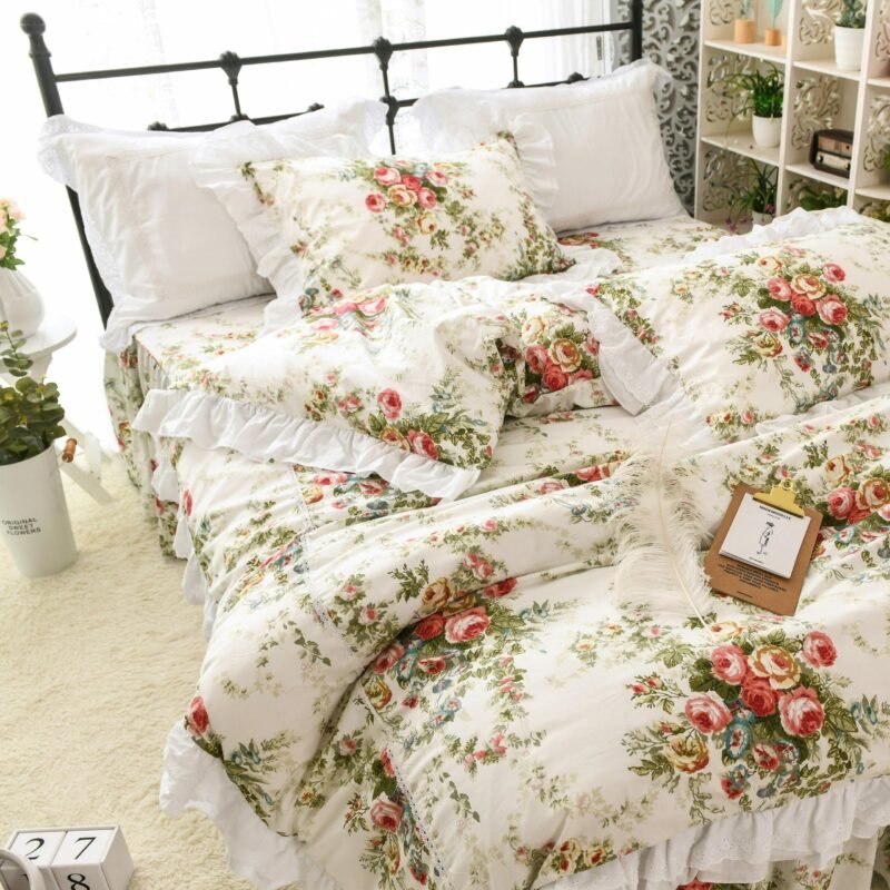Vintage Floral Bedding Duvet Cover Sets Twin Queen King Kids Girls Bedding Sets 100% Cotton Ruffles Flower Bedding Bedskirt set 3