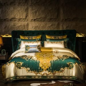 Gold and Green Satin Embroidery Patchwork Duvet Cover Queen King Luxury Royal Bedding Sets Cotton Bed Sheet Bedspread Pillowcase 1