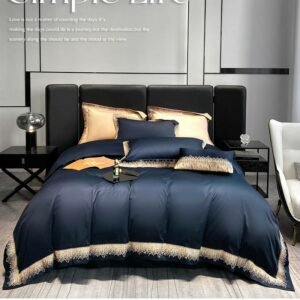 Luxury Premium 1000TC Egyptian Cotton Navy Blue 4Pcs Bedding set Duvet Cover with Shiny Gold Embroidery Bed Sheet Pillowcases 1