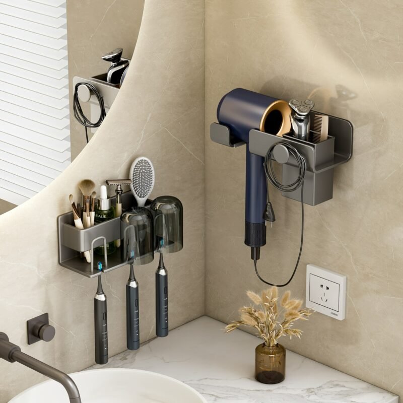 Hair Dryer Holder Bathroom Shelf Makeup Storage Organizer Aluminum Alloy Wall Shelf Bathroom Accessories 4