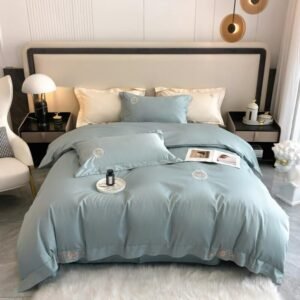 Premium Cotton Soft Breathable Embroidered 4Pcs Bedding Set Elegant Pink Green Off White Pretty Duvet cover Bed Sheet Pillowcase 1