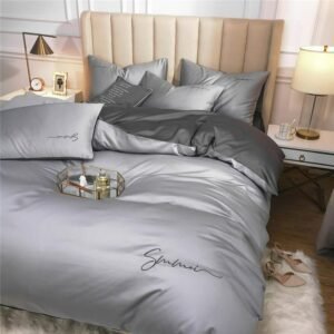 Simple Embroidery Duvet Cover set 600TC Egyptian Cotton Silky Soft Bedding Set Queen Full (1Duvet Cover+1Bed sheet+2Pillowcases) 1