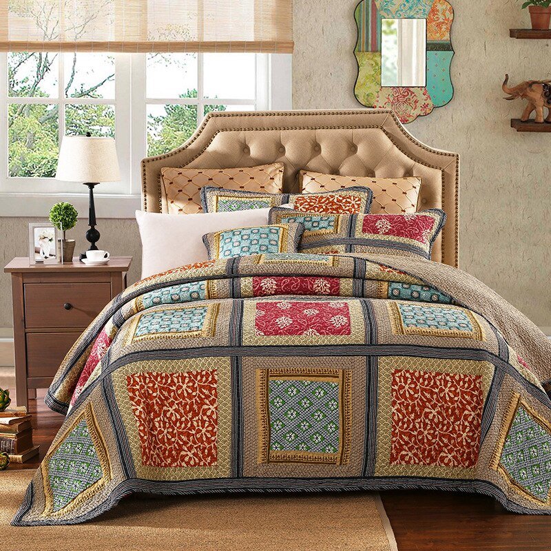 100% Cotton Reversible Coverlet Handmade Patchwork Chic Bedspread Bed cover 2 Pillow shams 3pcs King Queen Size Blanket 1