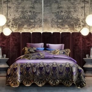 Egyptian Cotton Purple Violet Silky Satin Bedding Set Luxury Italy Chic Lace Duvet Cover Bed Sheet Pillowcases Double Queen King 1