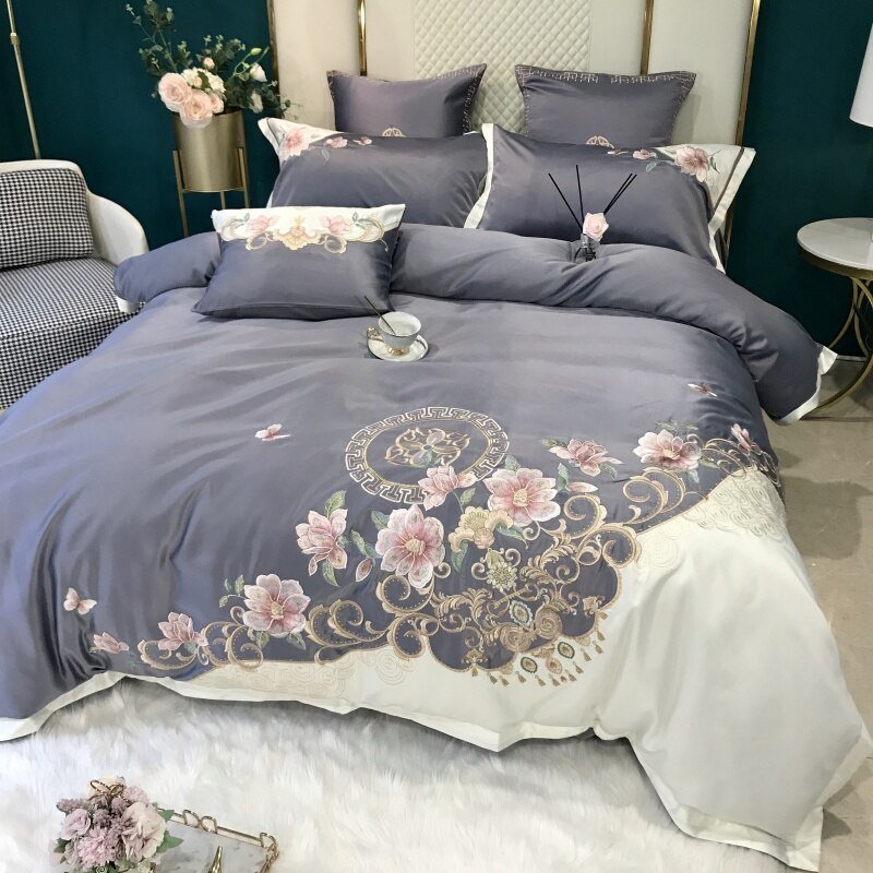 Chic Embroidery Blossom White Grey Patchwork Duvet Cover Luxury Silk Satin Cotton Soft Bedding set Bed Sheet Pillowcases 5