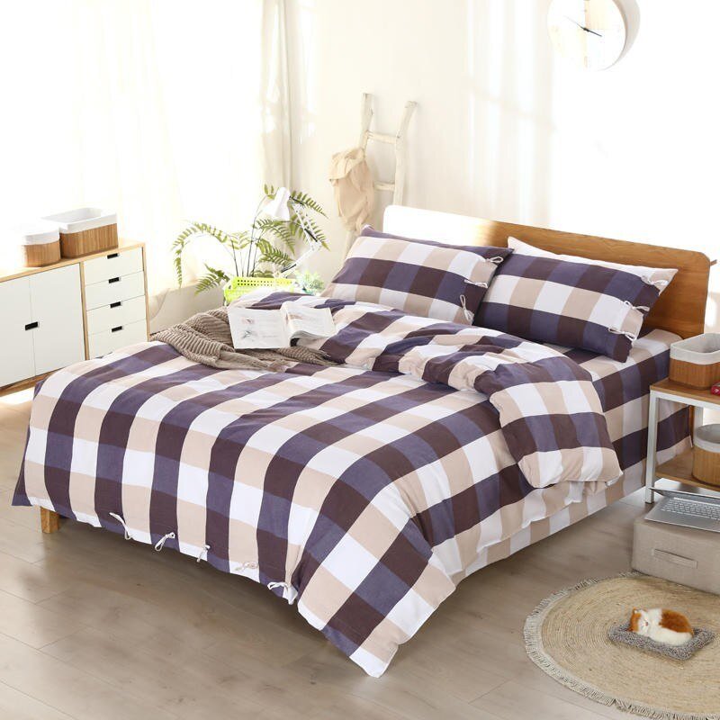 100%Cotton Coarse Cloth Striped Plaid Duvet Cover with Bowknot Bow Ties Soft Linen Feel Chic Country Bedding Sheet Pillowcases 1