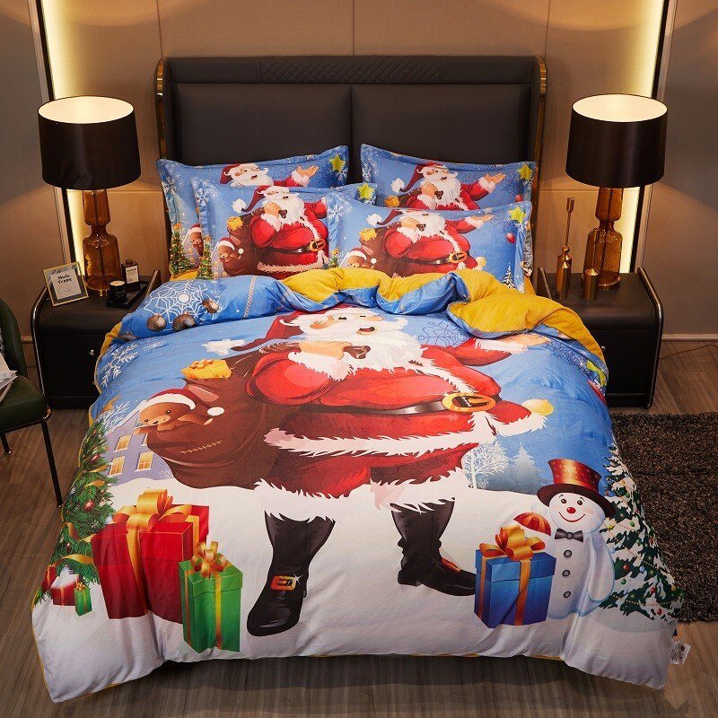 Merry Christmas 4Pcs Duvet Cover Bed sheet Pillowcases Full Queen Santa Claus Clouds Bedding Set Super Soft Velvet Fleece fabric 1