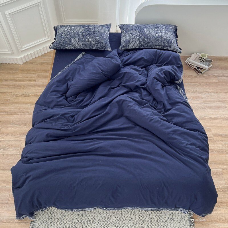 Navy Blue 1Duvet Cover 1bed Sheet 2/4Pillowcases Double Queen King 4/6Pcs 100%Washed Cotton Solid Plain Ultra Soft Bedding Set 4