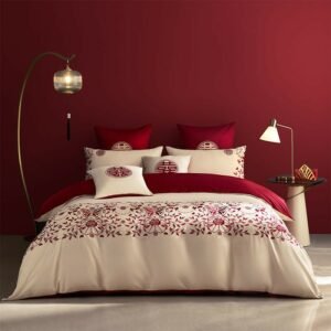 1000TC Long Staple Cotton Chic Embroidery Happiness Wedding Bedding Set Reversible Red Gold Duvet cover Bed Sheet Pillowcases 1