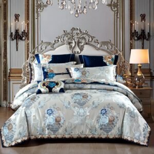 Silver Golden color King Queen Size Bed set Satin Jacquard Cotton Luxury Royal Bedding Set Bed Sheet set Duvet cover Bedlinens 1
