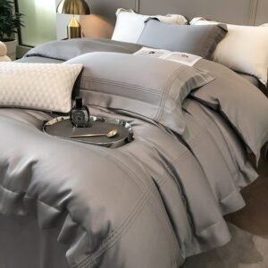 Solid Grey Linens Frame Duvet Cover with Zipper Ties 4Pcs 600TC Eucalyptus Lyocell Soft Cooling Quilt cover Bed Sheet Pillowcase 1