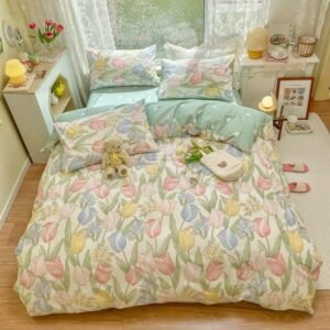 100%Cotton Lovely Spring Blooming Flowers Garden Fresh Green Duvet cover Bed Sheet Pillowcases Twin Double Queen 4Pcs Bedding 1