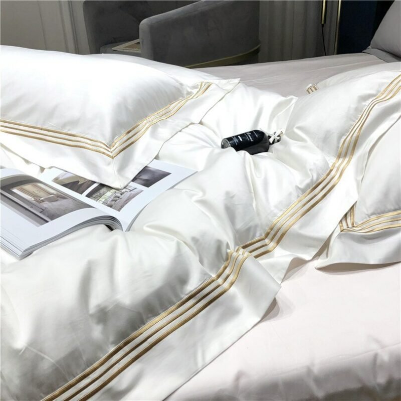 1000TC Egyptian Cotton Gold Embroidery Linens Duvet Cover set White Grey Sateen Hotel Bedding set Bed Sheet King Queen size 4Pcs 6