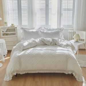 White/Gray Bohemian Cute Tassel Bedding Cover with Zipper Closure Soft Cotton Duvet Cover Bed Sheet Pillowcases 4Pcs Queen King 1