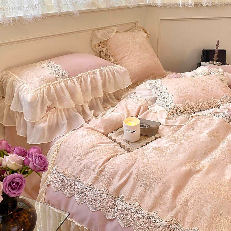 Soft Egyptia Cotton Romantic Lace Relief Bedding Exquisite Craft Ruffle Princess Girls Purple Duvet Cover Bed Sheet 2Pillowcases 4