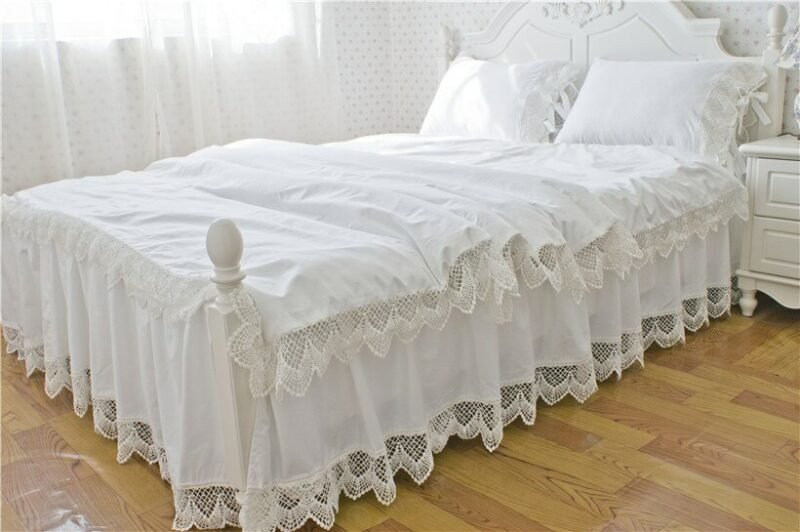 4Pieces Chic Lace edge Duvet Cover Bedskirt Set 100%Cotton Soft Bright White Twin Queen King Size Princess Girls Bedding set 4