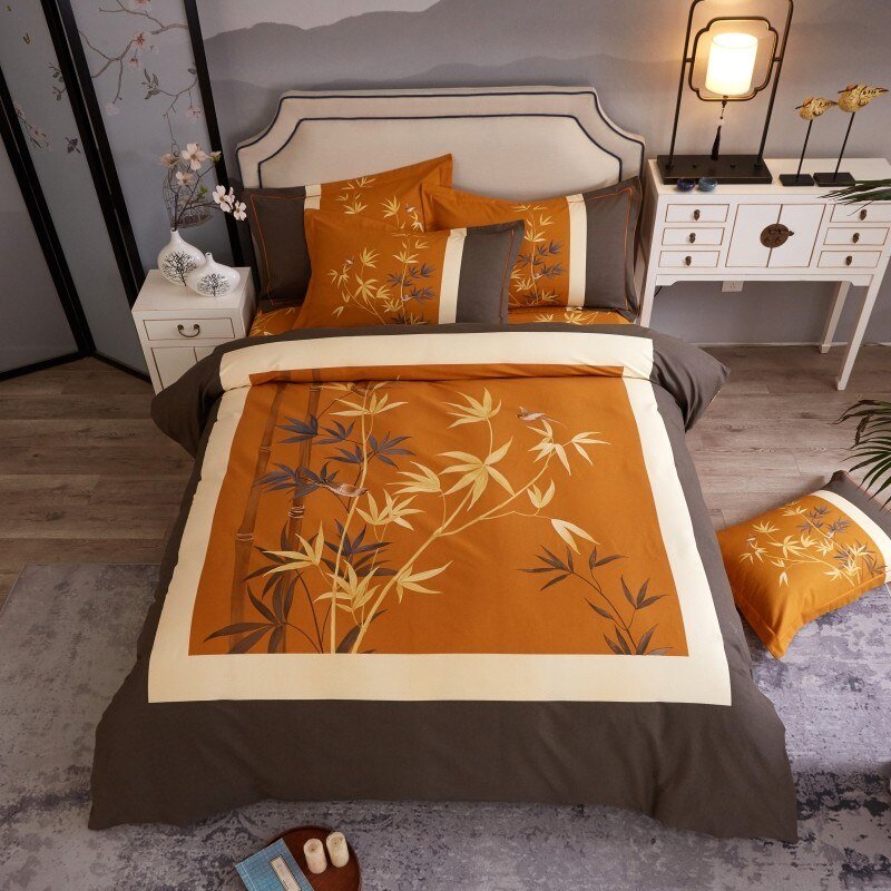 Vintage Bamboo Leaves Flowers Duvet Cover Set Ultra Soft Breathable 100%Cotton Bedding set Bed Sheet Pillowcases Queen King 4Pcs 1