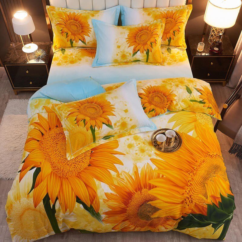 100%Cotton Brushed Ultra Soft Friendly Duvet Cover Set 4Pcs Sunflowers Blossom Bedding set Queen King size Bed Sheet Pillowcases 6