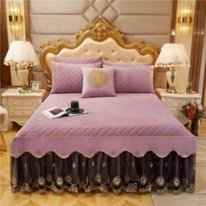 Luxury Velvet Diamond Quilted Bedskirt Bedspread 3Side Coverage 18inch Drop Ruffle 160X200cm Bed Skirt with Pillowshams 3/6Pcs 1