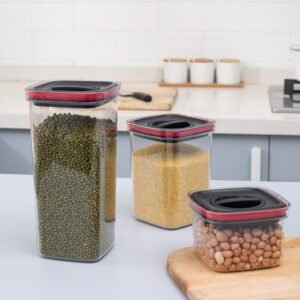 3pcs Stackable Food Storage Containers Set with Airtight Lid Plastic Cereal Dispenser Kitchen Pantry Organizer Square Clear 1