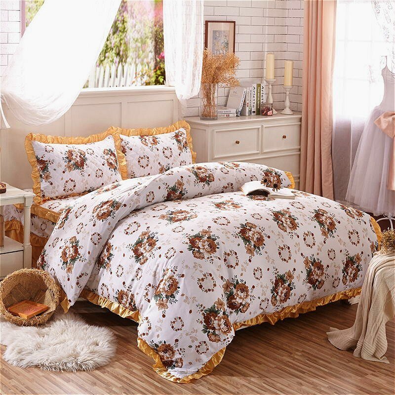 Vintage Style Garden Flowers Duvet Cover Set 100%Cotton Queen King 4/6Pcs Bedding set Quilted Bedskirt/Bedspread Pillow shams 3